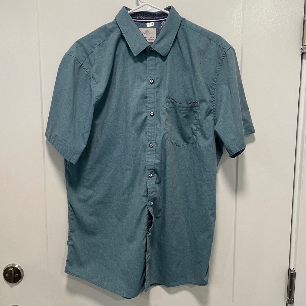 Craft Flow Mens Large Short Sleeve‎ Button Down Shirt Teal Blue Stretch Pocket